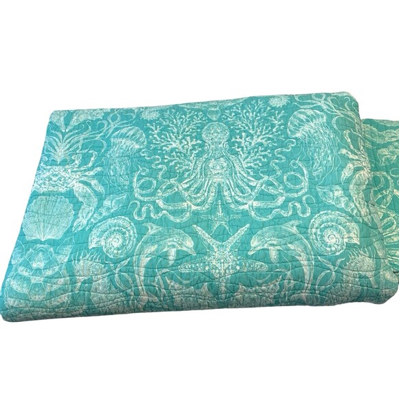 VTG Queen/Full Reversible Quilted Comforter Set Shams Teal/White Cottagecore Y2K - Picture 2 of 6